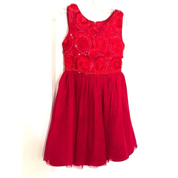 Red Girls Sleeveless Dress With Rosette & Sequin Details Tulle Skirt Back Zip Si - Picture 2 of 10